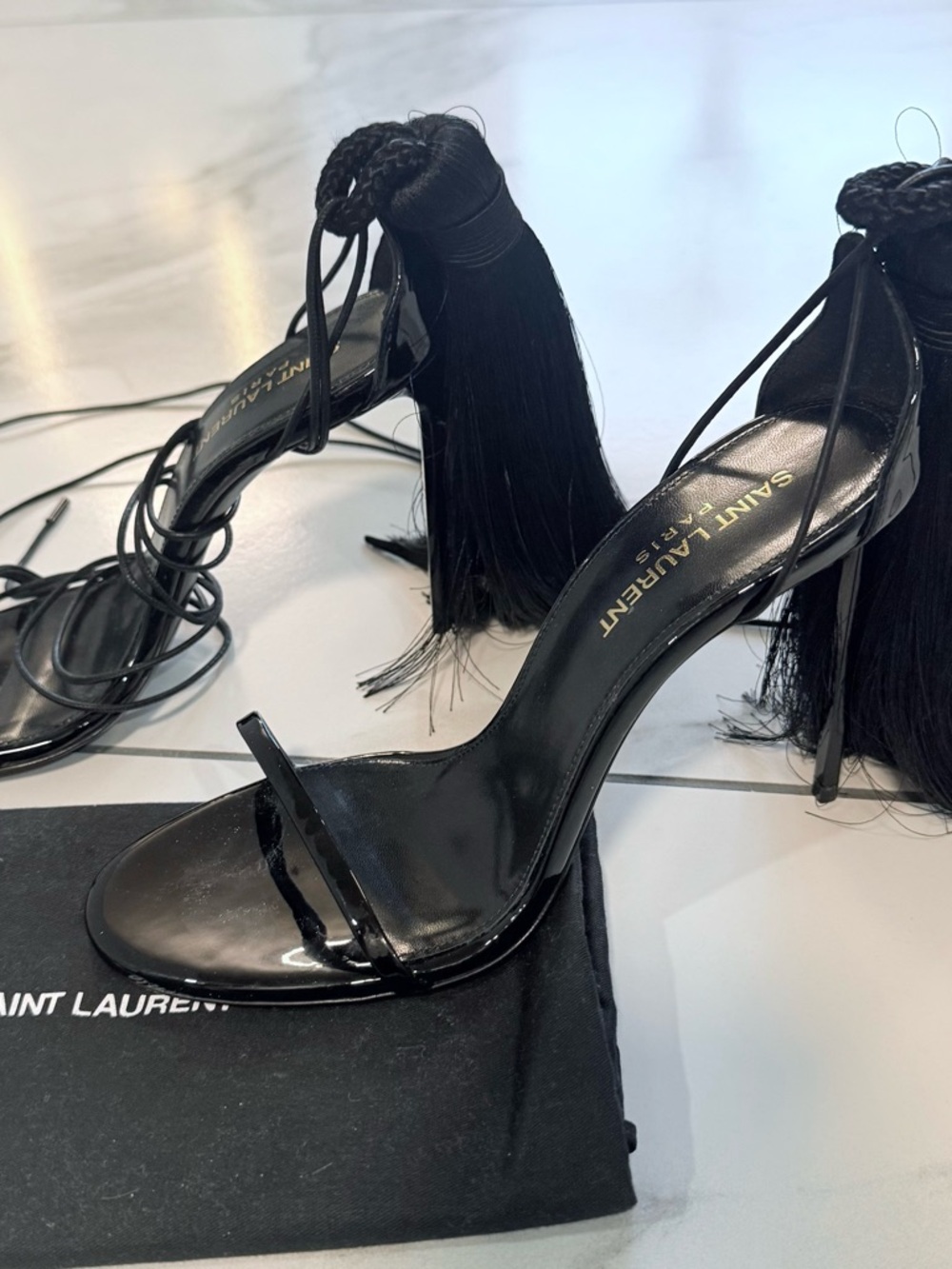 Saint Laurent Black Patent Leather Tassel Lace-Up Stilettos